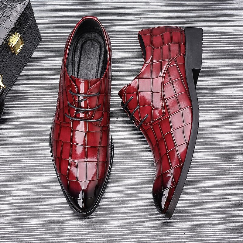 Men's Burgundy Crocodile Pattern Faux Leather Lace-Up Shoes, Stylish Formal Footwear for Business, Weddings and Special Occasions4