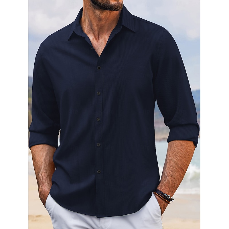 Men's Summer Shirt Casual Shirt Beach Shirt Button Up Shirt Black White Dark Navy Sky Blue Green Long Sleeve Plain Stripes Lapel Vacation Holiday Button-Down Clothing Apparel Polyester Fashion Casual3