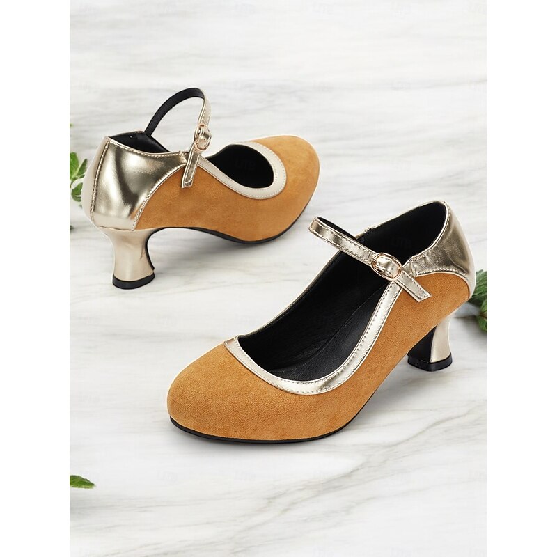 Women's Vintage Gatsby Suede Mary Jane Heels-Elegant Mid Heel Pumps with Metallic Accents & Strap for Formal Events & Parties3