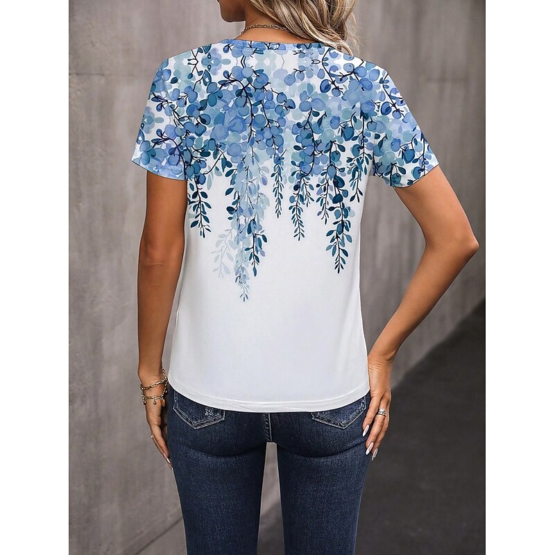 Women's T Shirt Floral Casual Short Sleeve Round Neck Regular Tops Daily Print Blue Summer2
