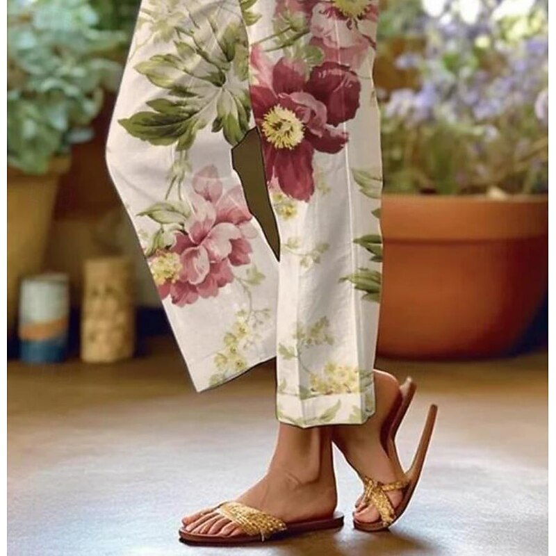 Women's Cotton Linen Pants Baggy Pants Linen Like Fashion Streetwear Full Length High Waist Floral Graphic Printing Thermal Warm Breathable Soft Micro-elastic Outdoor Daily off-white Fall Winter3