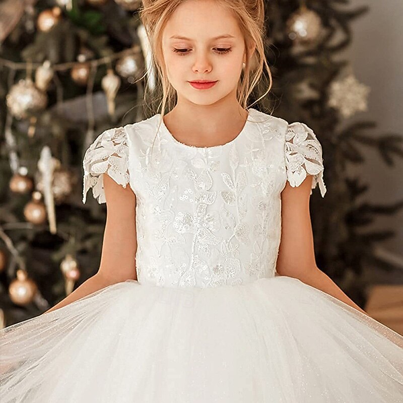 Flower Girl Dress Kid's Girls' Lace Dress Formal Dress Princess Dress First Communion Dress Performance Wedding Party Elegant Beautiful Lace Mesh Solid Color Short Sleeve Crew Neck Light Pink White 44