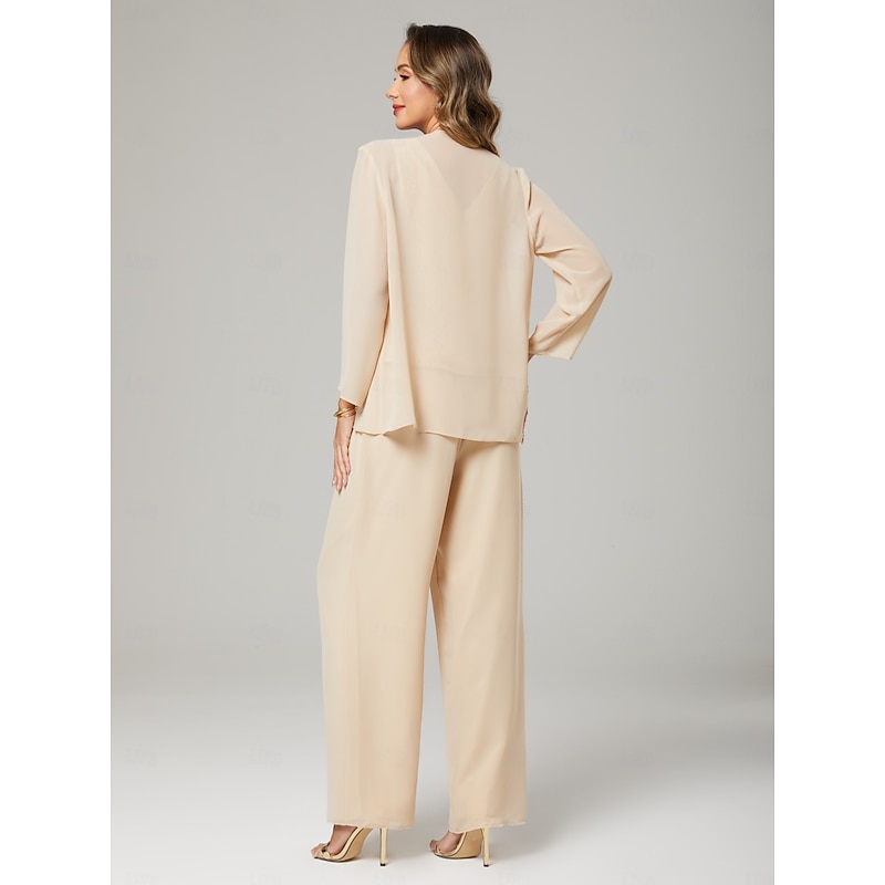 Pantsuit 3 Piece Mother of the Bride Dress Formal Wedding Guest Elegant V Neck Floor Length Chiffon Lace Long Sleeve Jacket Dresses with Appliques2