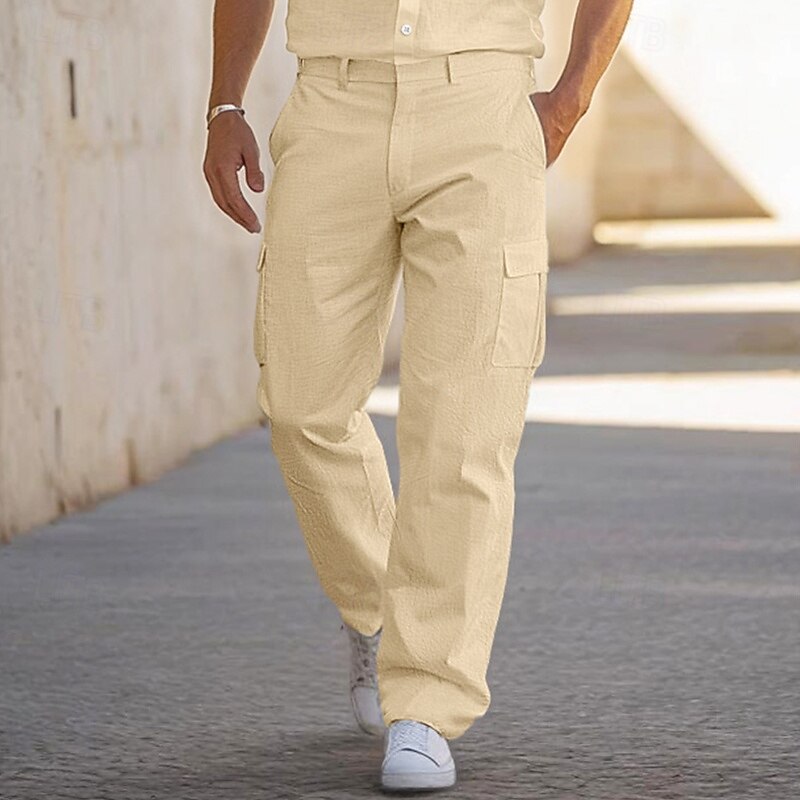 Men's Cargo Pants Linen Pants Trousers Summer Pants Multi Pocket Straight Leg Plain Comfort Breathable Full Length Outdoor Casual Daily Fashion Streetwear Black White
