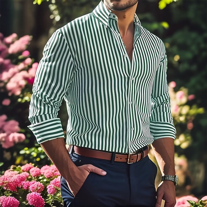 Men's Geometric Striped Shirt Button Up Shirt Long Sleeve Fashion Casual Formal Vacation Dailywear Summer Spring Turndown 3D Print Collared Shirts Red Blue Green Dark Blue3