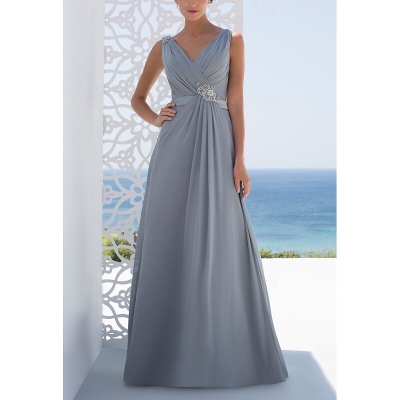 A-Line Bridesmaid Dress V Neck Long Sleeve Elegant Sweep / Brush Train Chiffon with Pleats / Ruffles
