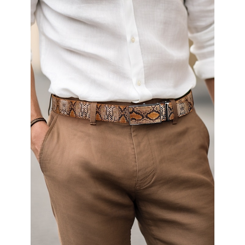 Men's Stylish Snake Print Belt with Automatic Buckle, Durable Genuine Leather, Casual and Business Fashion Accessory3