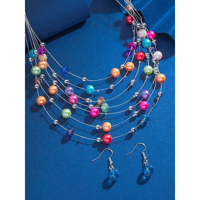 Women's Multicolor Beaded Layered Necklace & Earrings Set – Elegant Statement Jewelry for Weddings, Parties, and Evening Wear3