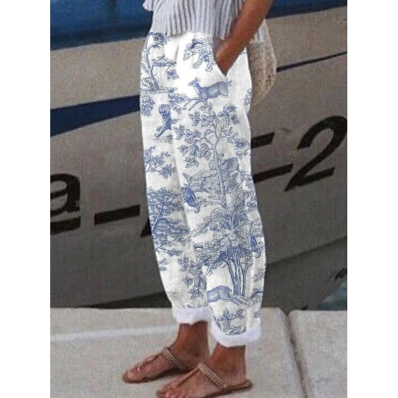 Women's Cotton Linen Pants Baggy Pants Linen Like Active Vintage Fashion Full Length High Waist Floral Graphic Animal Printing Thermal Warm Breathable Soft Micro-elastic Outdoor Daily Silver