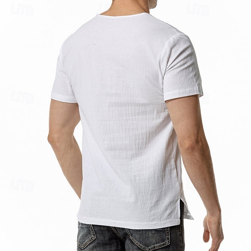 Men's Henley Shirt Cotton Linen T Shirt Tee Top Short Sleeve V Neck Summer Solid Color Fashion Designer Comfortable Buttons Outdoor Casual Daily Black White Navy Blue Top Tee for Men2