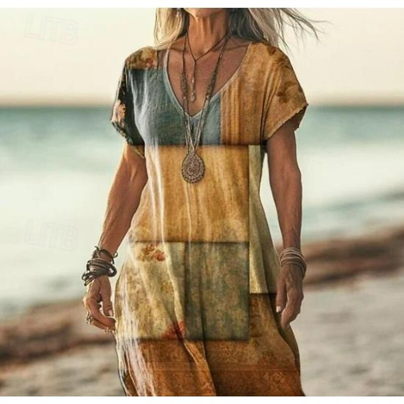 Women's Maxi Dress Casual Dress A Line Dress Stylish Casual Vacation Daily Regular Fit Geometric Short Sleeve V Neck Light Yellow Spring Fall2
