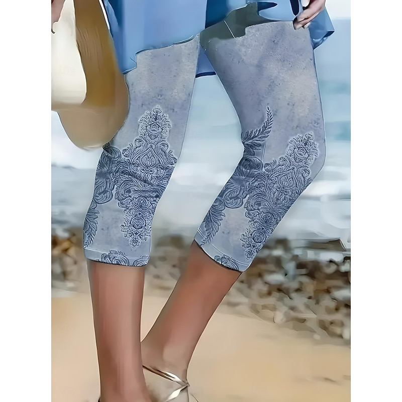 Women's Leggings Capri Pants High Elasticity Vacation Fashion Hawaiian Ankle-Length Mid Waist Floral Printing Thermal Warm Breathable Soft  Vacation Casual Daily Robin's Egg Blue Regular Fit