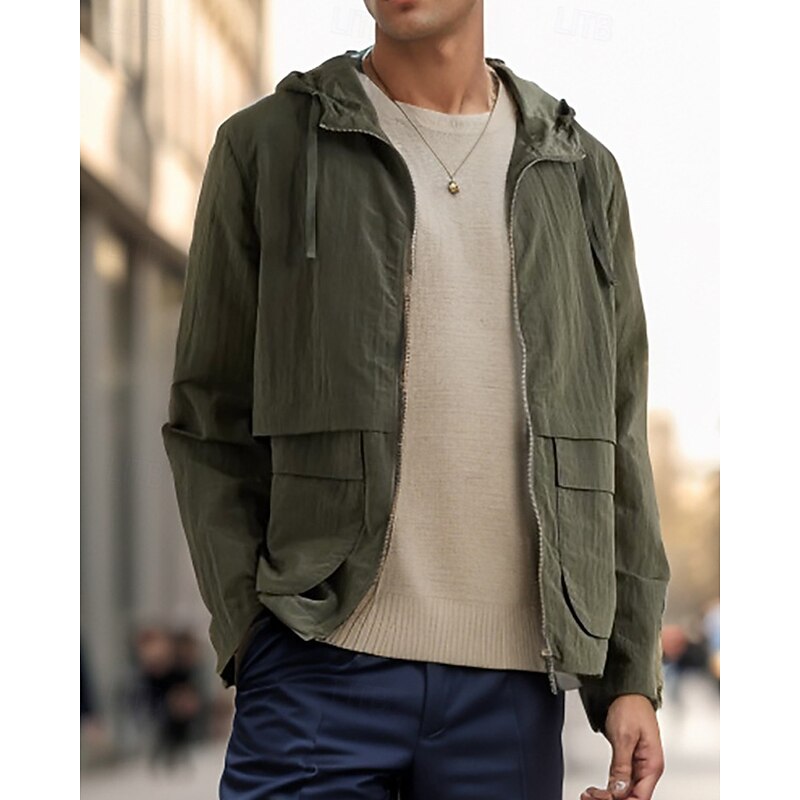 Men's Lightweight Jacket Outdoor Jacket Summer Jacket Windbreaker Vacation Daily Pocket Summer Spring Plain Fashion Classic Hooded Regular Green Khaki Gray Jacket3