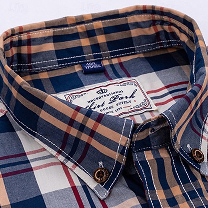 Men's Shirt Summer Shirt Casual Shirt Beach Shirt Button Up Shirt Red Navy Blue Royal Blue Blue Orange Long Sleeve Plaid Lapel Vacation Hawaiian Button-Down Clothing Apparel 100% Cotton Fashion4