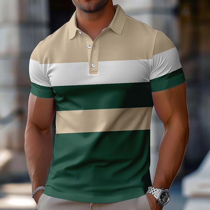 Men's Striped Rugby Polo Short Sleeve Polo Shirts Collared Shirts Casual School Outdoor Athleisure Daily Wear 3D Print Summer Spring Fall Black Brown Green2