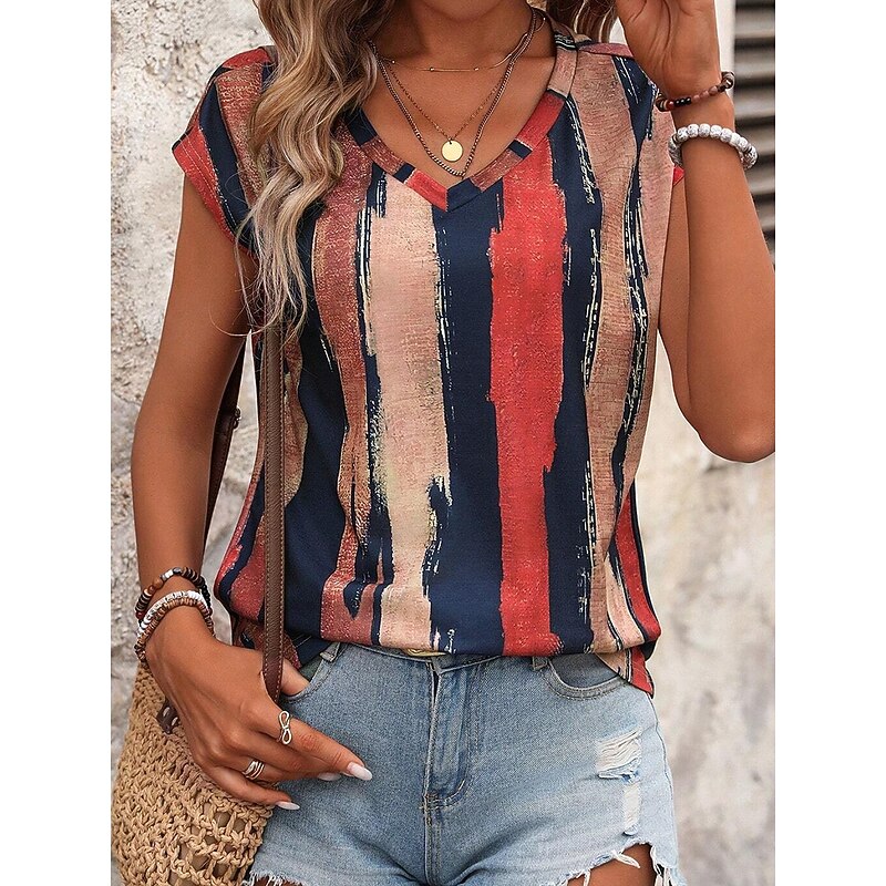 Women's Camisole Tank Top Striped Stylish Casual Short Sleeve V Neck Regular Tops Daily Print Blue Summer