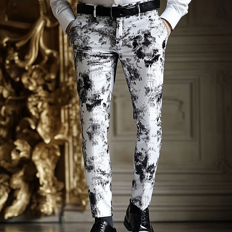 Men's Tie Dye Dress Pants Trousers Mid Waist Business Casual Outdoor Vacation Streetwear with Pockets Slim Fit Flat-Front Summer Spring 3D Print White