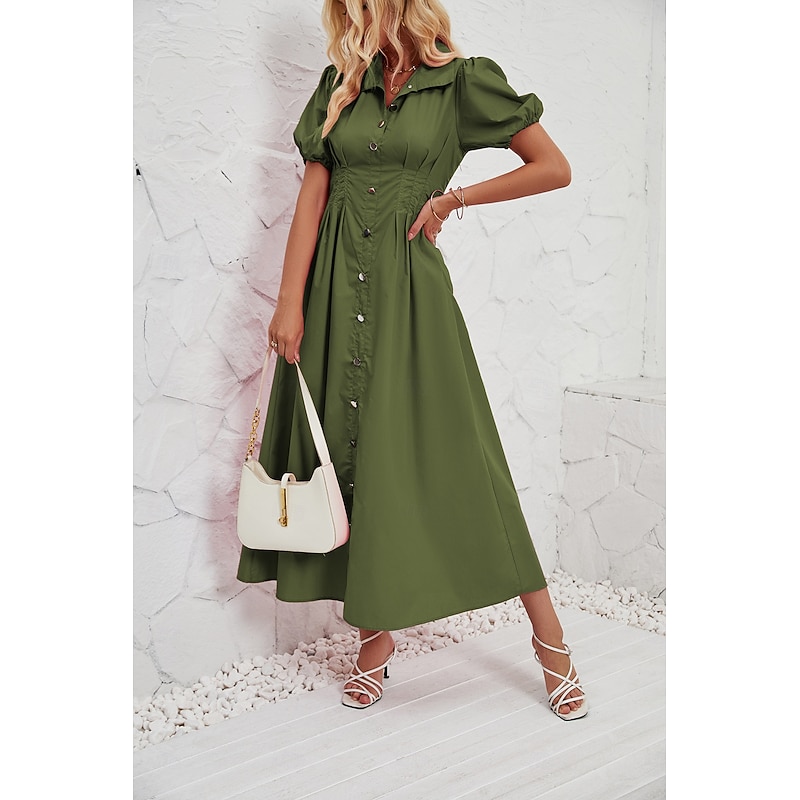 Retro Vintage 1950s Midi Dress Flare Dress Shirt Dress Puff Sleeve Solid Color A-Line V Neck Fancy Dress Women's Masquerade Wedding Vacation Tea Party Adults' Dress4