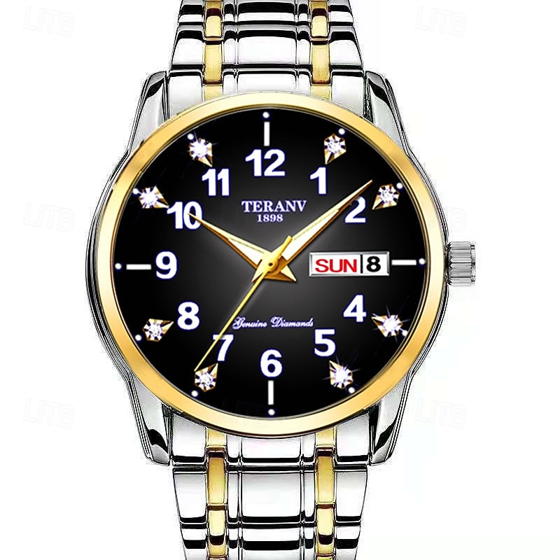 Digital New Diamond-Studded Alloy Steel Band Men'S Business Quartz Watch Luminous Dual Calendar Round Dial Waterproof Rating Ipx7 Multi-Functional Fashion Watch Suitable For Travel Gift2