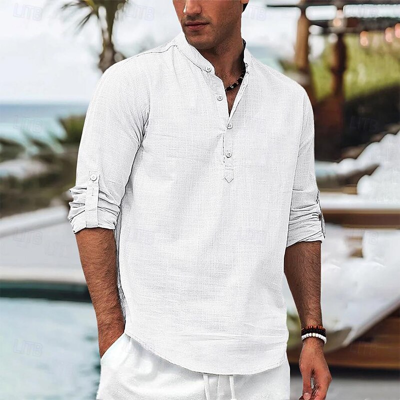 Men's Shirt Linen Shirt Popover Shirt Summer Shirt Beach Wear Plain Vacation Curise Black White Orange Long Sleeve Band Collar Spring & Summer Clothing Apparel2