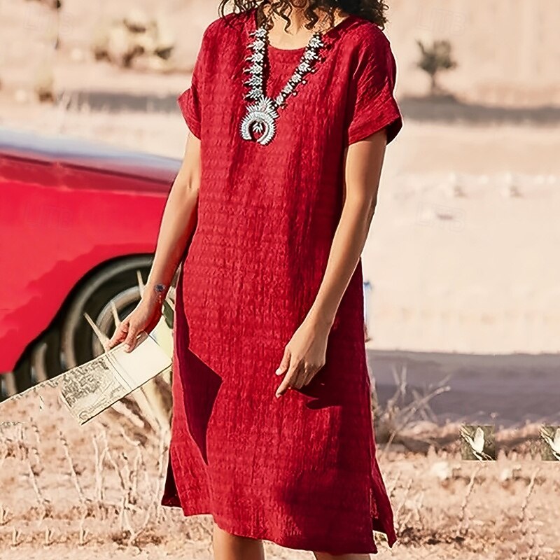 Women's Long Dress Maxi Dress Linen-Inspired Dresses Casual Dress Cotton Linen Dress Stylish Casual Vacation Daily Date Regular Fit Plain Short Sleeve Crew Neck Black Red Summer Spring4