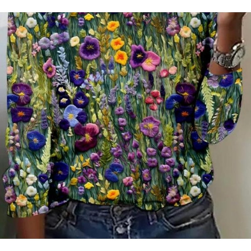 Women's T shirt Long Sleeve Crew Neck Long Sleeve Tunic Floral Elegant Vintage Regular Tops Daily Going out Weekend Print Sage Green Prefall3