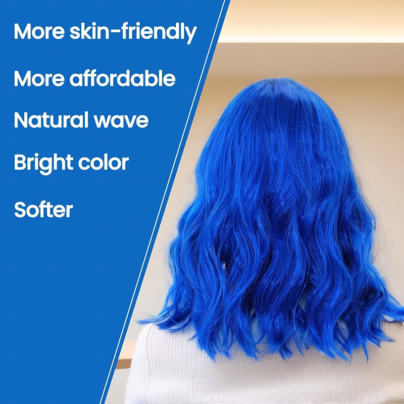 Blue Wigs for Women and Girl, Wavy Dark Blue Wig Short Blue Hair Wig, Natural Bob Blue Wig with Bangs, Shoulder Length Blue Curly Wig, Synthetic Cosplay Wig4