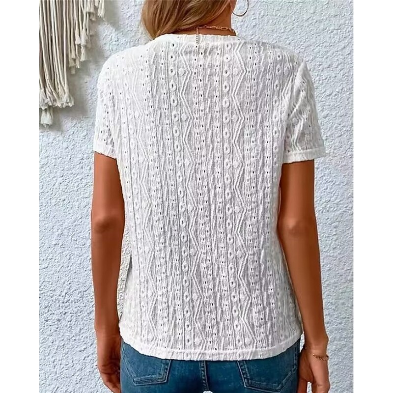 Women's Blouse Lace Tops Plain Daily Stylish Basic Short Sleeve Crew Neck Regular Tops Work Daily Holiday Hollow Out White Beige Summer Spring4