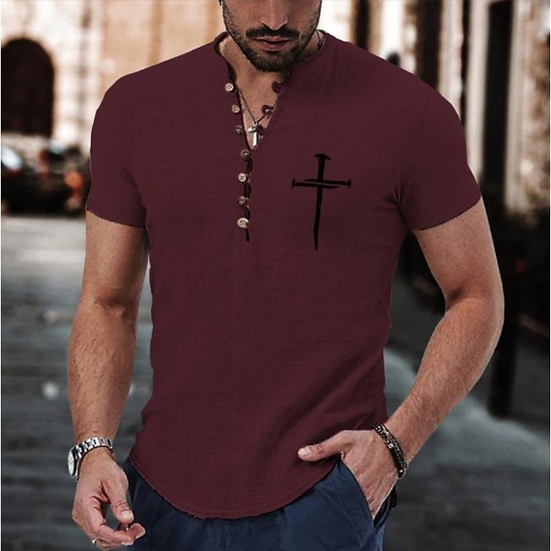 Men's Shirt Popover Shirt Summer Shirt Casual Shirt Beach Shirt Button Up Shirt Wine khaki Gray Short Sleeve Classic Cross Band Collar Henley Vacation Hawaiian Buckle Clothing Apparel Fashion Casual3