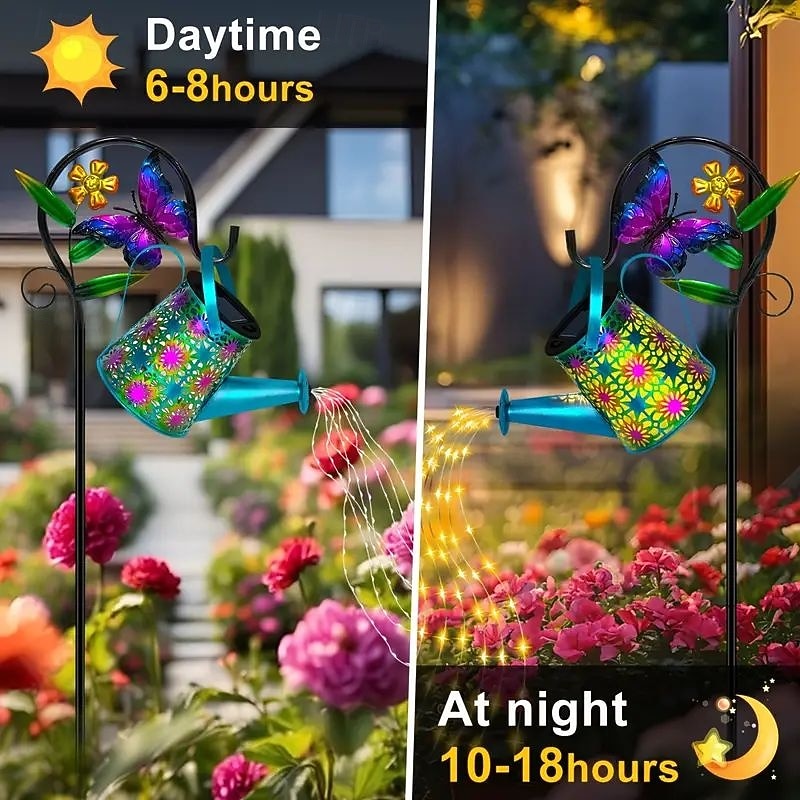 Solar Watering Kettle Light with Colorful Butterfly Shepherd Hook Waterproof Solar Garden Light Wrought Iron LED Outdoor Garden Light for Courtyard Terrace Sidewalk Lawn Decoration3
