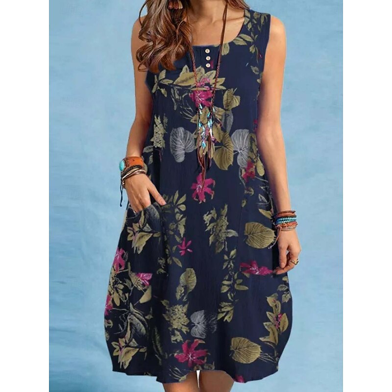 Women's Midi Dress Casual Dress Elegant Stylish Basic Vacation Daily Regular Fit Floral Sleeveless Crew Neck Yellow Red Navy Blue Summer Spring