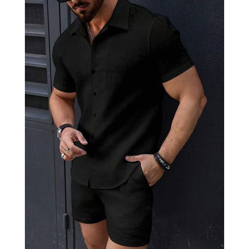 Men's T-shirt Suits 2 Pieces Outfits Tee & Shorts Short Sleeve Lapel Summer Plain Fashion Casual 2 Piece Jacquard Vacation Daily Wear Going out Black White Pink Top Tee for Men3