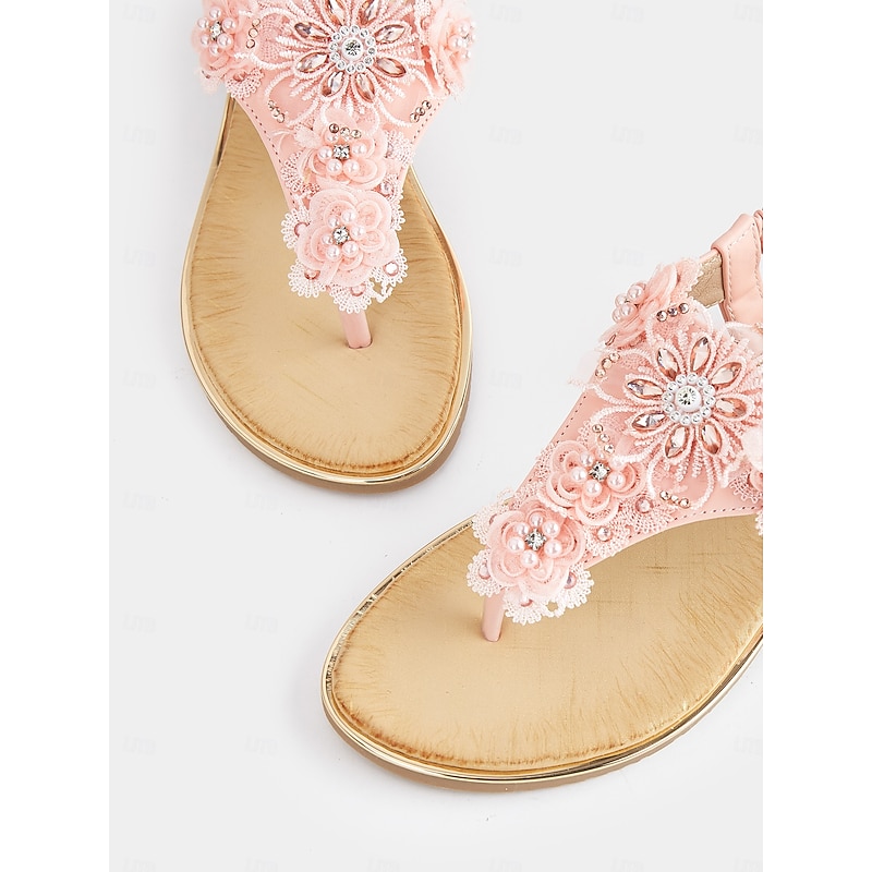 Women's Pink Floral Lace Embellished T-Strap Sandals – Comfortable Chic Summer Slip-On Footwear2