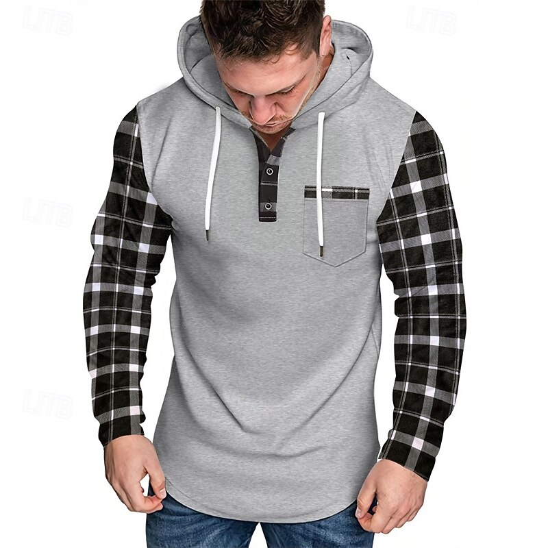 Men's Hoodie Black Army Green Navy Blue Khaki Light Grey Hooded Plaid Color Block Pocket Sports & Outdoor Daily Holiday Polyester Streetwear Basic Casual Spring &  Fall Clothing Apparel Hoodies2