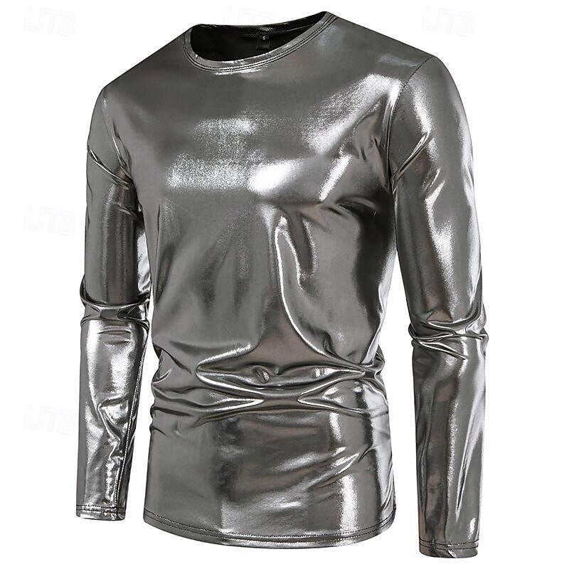 Men's Tee Tee Top Long Sleeve Shirt Long Sleeve Crew Neck Spring &  Fall Plain Fashion Designer Shiny Metallic Vacation Street Going out Silver Green Red Top Tee for Men3