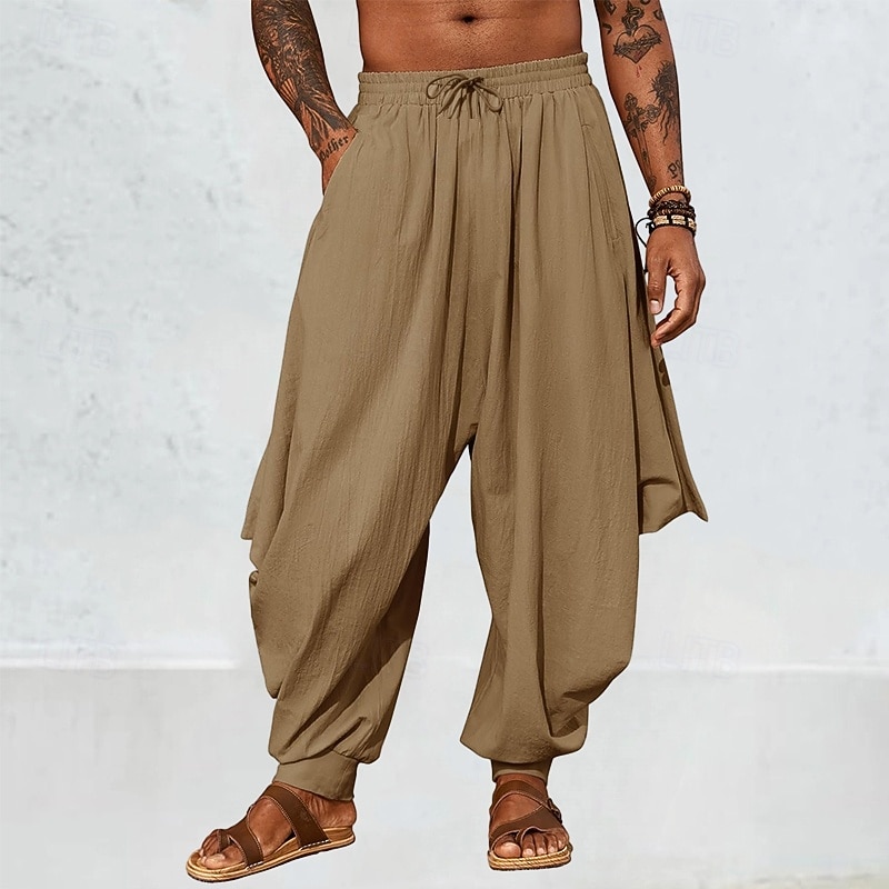 Men's Linen Pants Trousers Summer Pants Baggy Pants Harem Pants Drawstring Elastic Waist Plain Comfort Breathable Full Length Outdoor Casual Holiday Fashion Classic Style Black Green