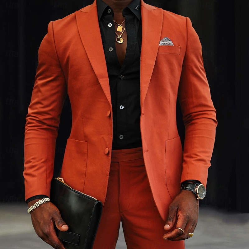 Men's Wedding Casual Linen Suits Yellow Orange Fashion Formal Solid Colored Standard Fit 2 Piece Single Breasted Two-buttons