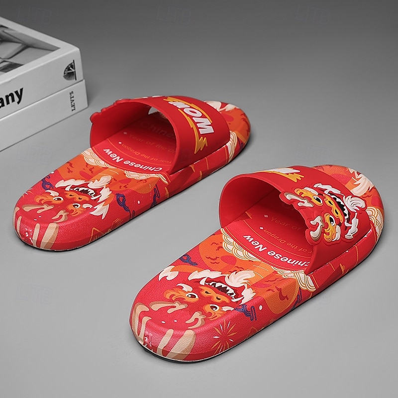 Men's Red Dragon Print Slide Sandals with 3D Dragon Design, Casual Style for Summer and Festivals4