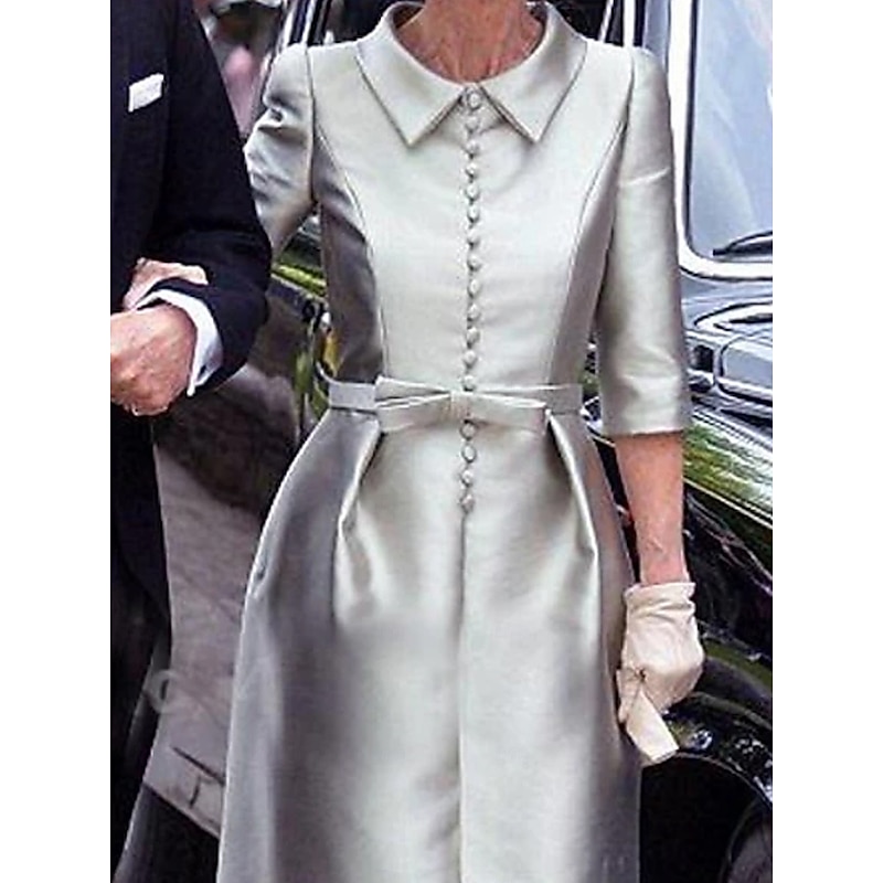 Sheath Mother of the BrideCocktail Dresses Elegant Dress Wedding Guest Cocktail Party Knee Length 3/4 Length Sleeve Shirt Collar Pocket Stretch Satin with Sash / Ribbon Race Day Dress3