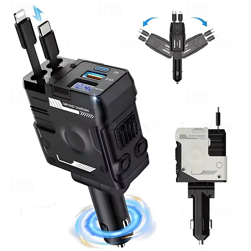 120W 4 in 1 Retractable Car USB Charger Quick Charge Car Cigar Lighter Plug for iPhone & Type-C Port for iPhone Samsung Huawei2