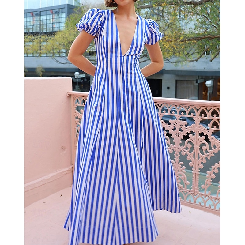 Women's Long Dress Maxi Dress Casual Dress Summer Dress Fashion Lantern Sleeve Outdoor Holiday Date Regular Fit Striped Short Sleeve Deep V Blue Summer Spring