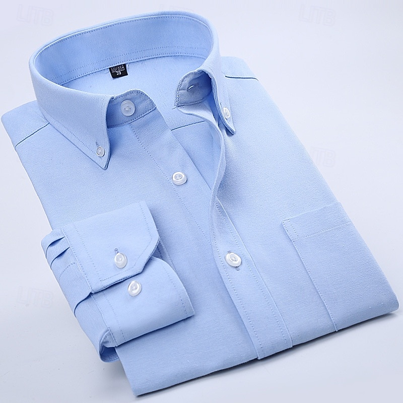 Men's Dress Shirt Button Down Shirt Oxford Shirt Wrinkle Resistant Plain Wedding Work Light Blue White Dark Blue Long Sleeve Collar Summer Spring Clothing Apparel