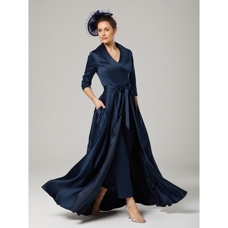 Jumpsuit Mother of the Bride  Elegant Party Simple Shirt Collar Ankle Length Satin 3/4 Length Sleeve with Bow(s)3