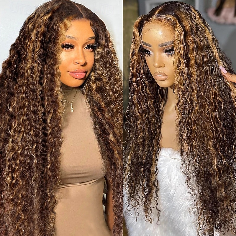 4x4 Human Hair Highlights P4/27 Front Lace Deep Wave Wig 150% Density