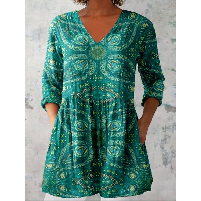 Women's Shirt Blouse Floral Bohemia Daily Retro Vintage Long Sleeve V Neck Regular Tops Daily Print Wine Fuchsia Green Summer Spring4