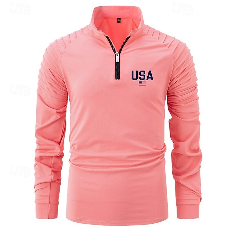 Men's T Shirt Henley Shirt Tee Tee Top Long Sleeve Quarter Zip Spring Fall USA Fashion Designer Basic Ruched Vacation Street Going out Black White Pink Top Tee for Men