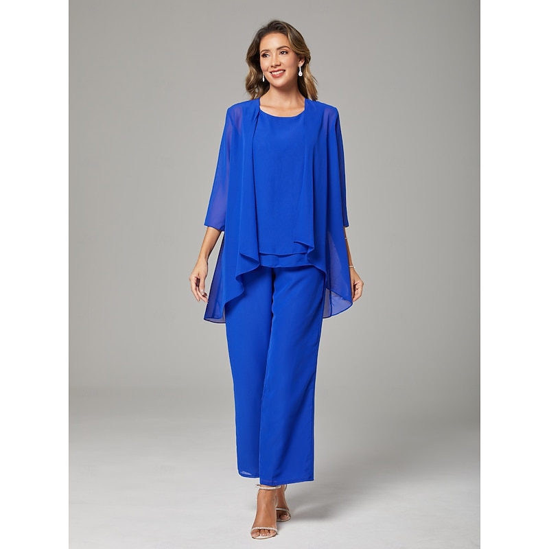 Pantsuit 3 Piece Mother of the Bride  Elegant Plus Size Jewel Neck Ankle Length Chiffon Sleeveless with Ruffles