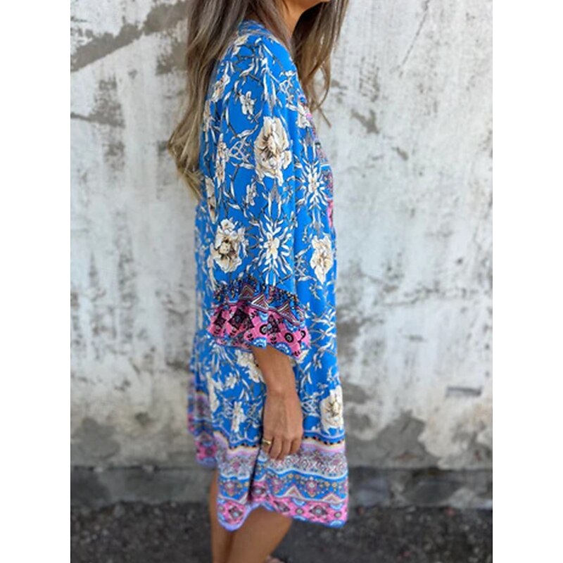 Women's Midi Dress A Line Dress Boho Dress Stylish Casual Vacation Daily Regular Fit Floral 3/4 Length Sleeve V Neck Navy Blue Royal Blue Purple Spring Fall3