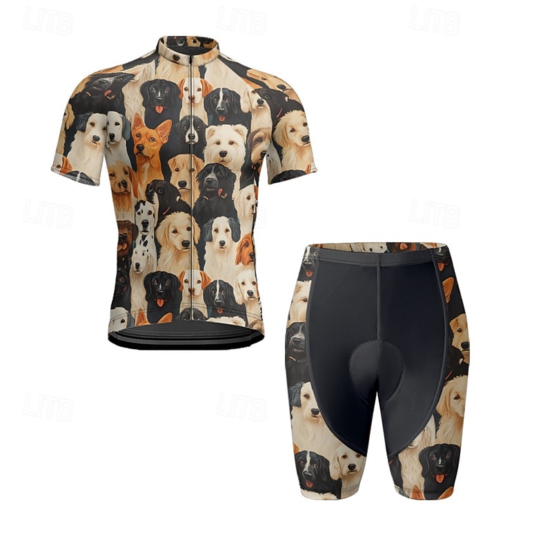 Men's Cycling Jersey with Shorts Dog Short Sleeve Bike Clothing Suit with 3 Rear Pockets Mountain Bike MTB Road Bike Cycling Front Zipper Sweat wicking Comfortable Breathable Sports Black Yellow Dark2
