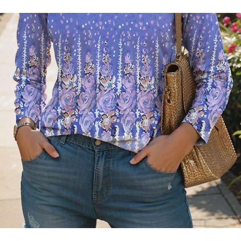 Women's T Shirt V Neck Long Sleeve Tunic Fashion Modern Casual Regular Tops Daily Weekend Print White Royal Blue Blue Green Khaki Fall Winter3